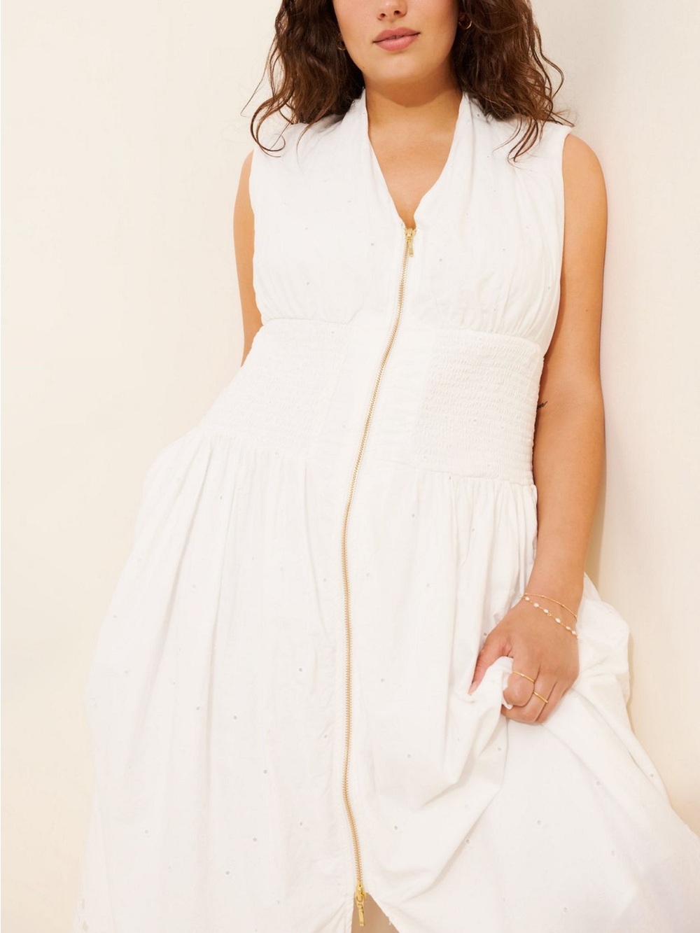 The Tommie Cap-Sleeve Smocked Front-Zip Shirt Dress: Eyelet-Trim Edition